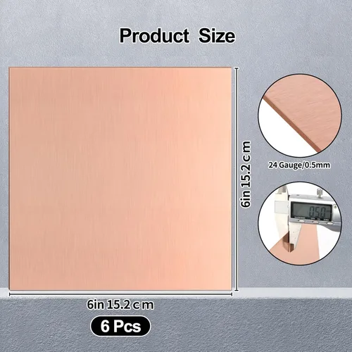 Miniatura 2 de Adrattnay Paquete de 6 hojas de cobre 99.9% puro 6" x 6", hojas de cobre calibre 24 de 0.5mm (0.02") con película protectora de doble cara