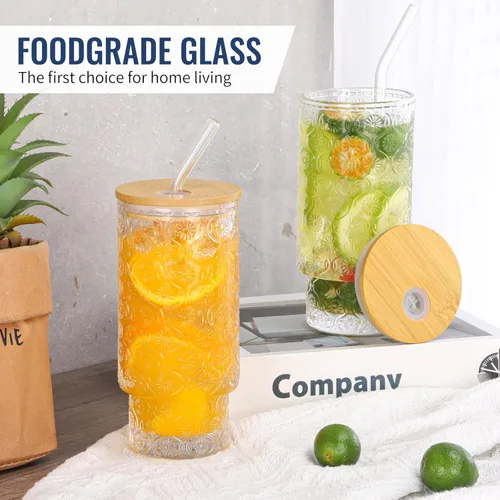 Miniatura 6 de Juego de 2 vasos de vidrio de 16 onzas, vasos de vidrio floral en relieve vintage, tazas de café helado con tapa, para whisky, cóctel, cerveza