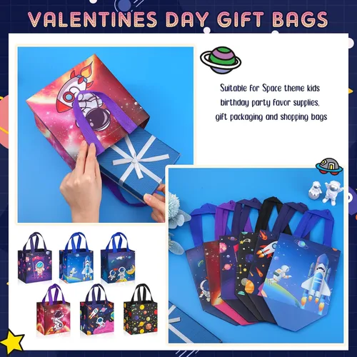 Miniatura 6 de Kigeli 60 bolsas de regalos espaciales de 6 estilos, recuerdos de fiesta espacial, bolsas grandes de regalo no tejidas con asas, bolsa de dulces