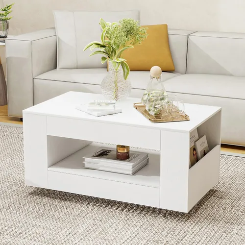 Miniatura 12 de Mesa de centro de grano de madera con estante abierto, mesa de cóctel moderna de alto brillo para sala de estar, dormitorio, oficina
