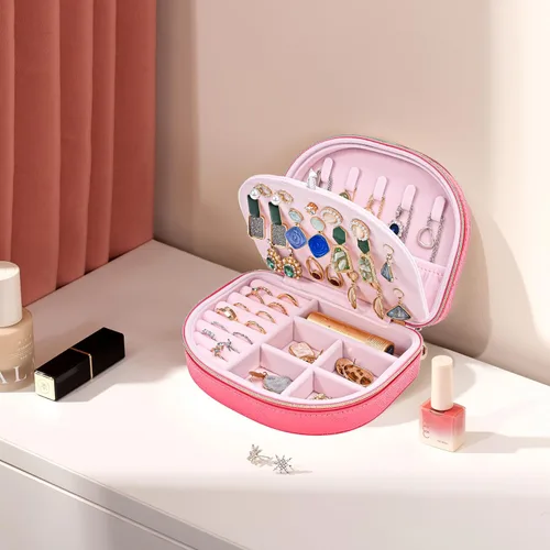 Miniatura 7 de ProCase Joyero de tamaño de viaje, pequeño joyero portátil en forma de concha de mar, mini organizador de joyas de 2 capas en piel sintética