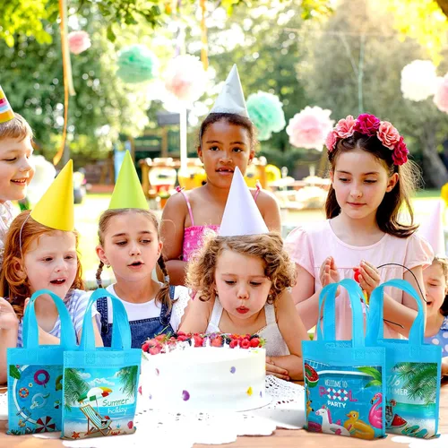 Miniatura 6 de Sweetude 36 bolsas de recuerdo de fiesta en la piscina, 4 diseños de bolsas de regalo de verano con asas, regalo de playa no tejidas para piscina