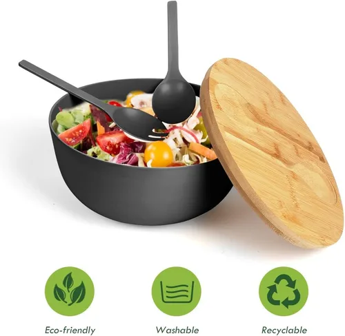 Miniatura 3 de ShineMe Juego de Ensaladera Negra, Ensaladera Grande de Fibra de Bambú de 9.8 pulgadas con Tapa y Utensilios (Cuchara y Tenedor), Tazón Sólido