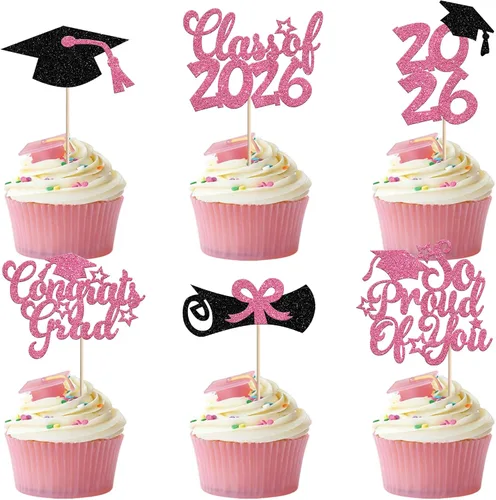 Miniatura 57 de Rsstarxi Paquete de 24 adornos para cupcakes de graduación 2026, con purpurina azul, para la clase de 2026, para diplomas, 24 piezas (6 diseños)