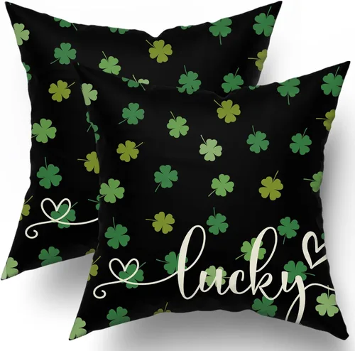 Juego de 2 fundas de almohada de 16 x 16 pulgadas, color verde, colorido trébol de la suerte, fundas de almohada decorativas de algodón rústico con