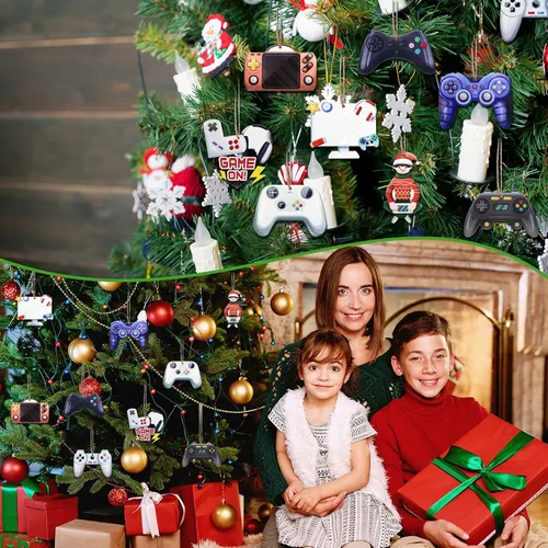 Miniatura 7 de Kathfly 27 piezas de adornos de videojuegos navideños para árbol de Navidad, controlador de sistema de madera, etiqueta colgante para fiesta