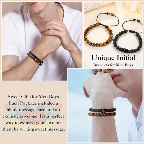 Miniatura 3 de MONOZO Regalos para el día del padre regalos para hombres y niños, 0.315 in, ojo de tigre y ágata negra, pulsera inicial con cuentas de piedra