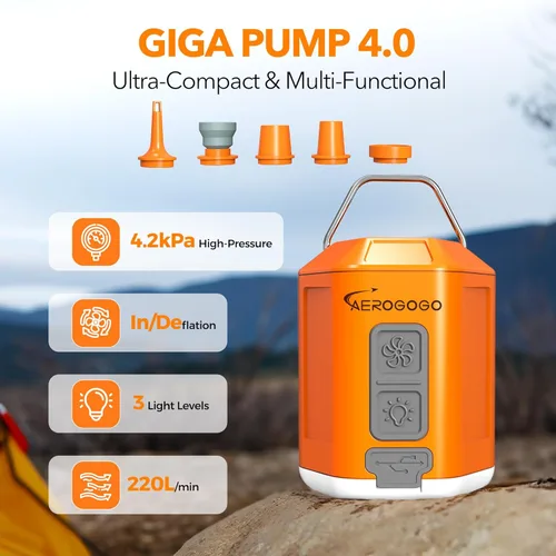 Miniatura 2 de Bomba de aire portátil 4.2kPa Bomba de aire para inflables recargable GIGA PUMP 4 con luz de campamento Ultra Air Colchón Bomba Naranja