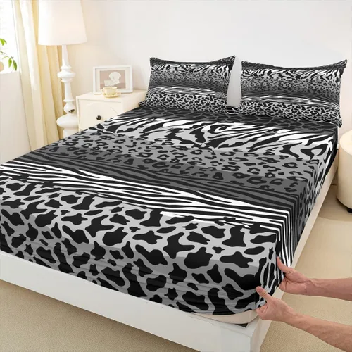 Miniatura 36 de Sábana bajera ajustable con estampado de leopardo, tamaño individual, juego de ropa de cama rústica con rayas de piel de cebra, decoración