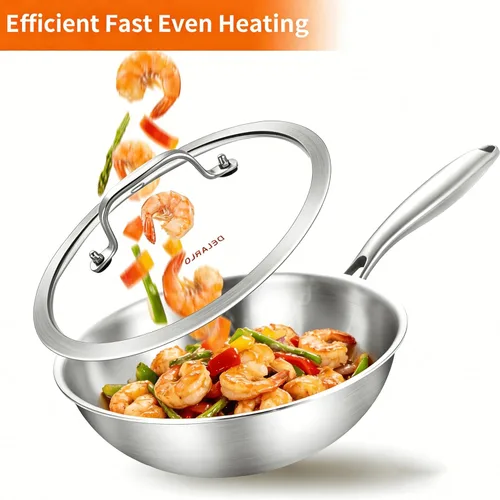 Miniatura 5 de DELARLO Wok de acero inoxidable de tres capas de cuerpo entero de 9.45 pulgadas, sartén profunda de cocina, sartén pequeña con tapas, mini wok