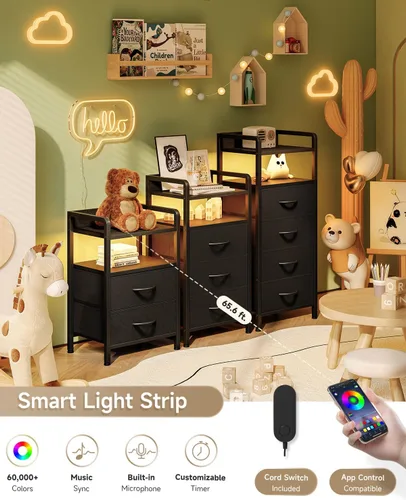 Miniatura 4 de Lazzanto Mesita de noche para dormitorio, mesita de noche con estación de carga y tira de luz LED, mesita de noche con estante de almacenamiento y 2