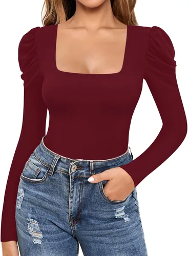 Miniatura 2 de MANGOPOP Body de manga abombada para mujer, cuello cuadrado, traje de cuerpo para mujer, manga larga, camisa, camiseta elegante