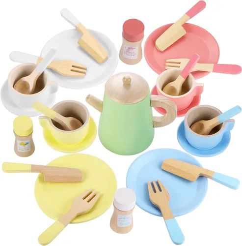 GAGAKU Juego de té de madera y platos de madera 2 en 1, juego de comida de juguete 28 piezas Montessori Play Accesorios de cocina para niños