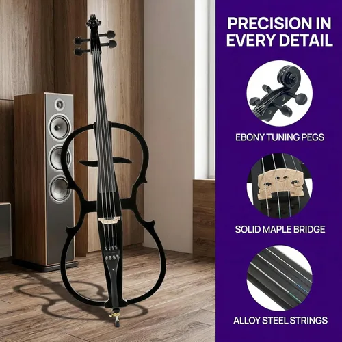 Miniatura 6 de Violonchelo eléctrico 4/4 de tamaño completo con bolsa ligera para violonchelo, auriculares, arco, puente, colofonia, violonchelo para adultos