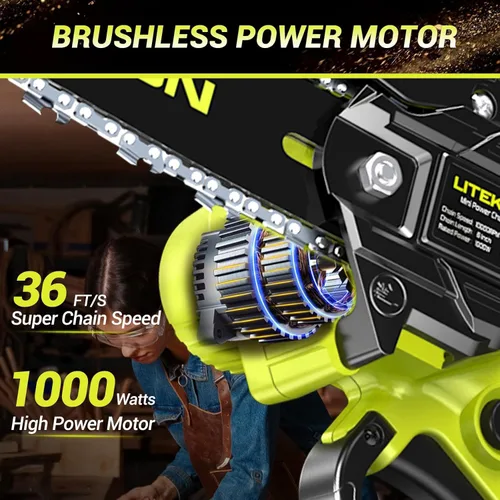 Miniatura 2 de Mini motosierra de alta potencia con motor de 1000 W, motosierra inalámbrica de 36 pies/S con sistema de aceite automático, motosierra eléctrica