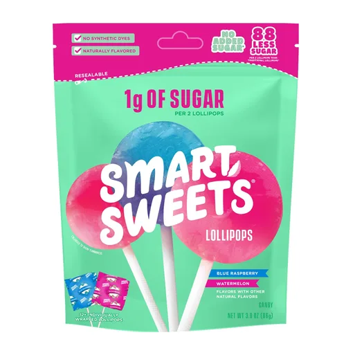 SmartSweets Paletas, 3oz, sabor a frambuesa azul y sandía, caramelo duro con bajo contenido de azúcar (1g), bajo en calorías (40), sin edulcorantes