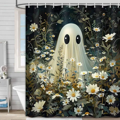 Cortina de ducha de Halloween, cortina de baño espeluznante, fantasma, linda y divertida, juego de decoración de baño con ganchos, 72 x 72 pulgadas