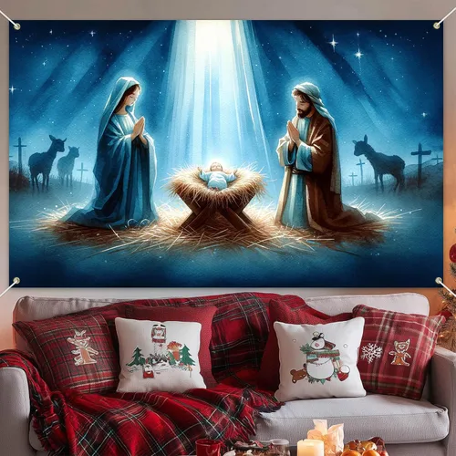 Miniatura 4 de BlissYard Fondo de Escena de la Natividad 71x43 Pulgadas Pancarta de la Escena del Pesebre de la Noche Santa Telón de Fondo Religioso Cristiano
