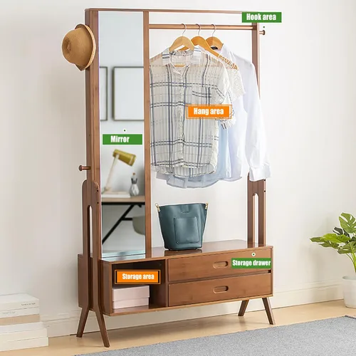 Miniatura 9 de Perchero de bambú con espejo y cajones, colgador de ropa de madera independiente con ganchos, perchero resistente con estantes, organizador