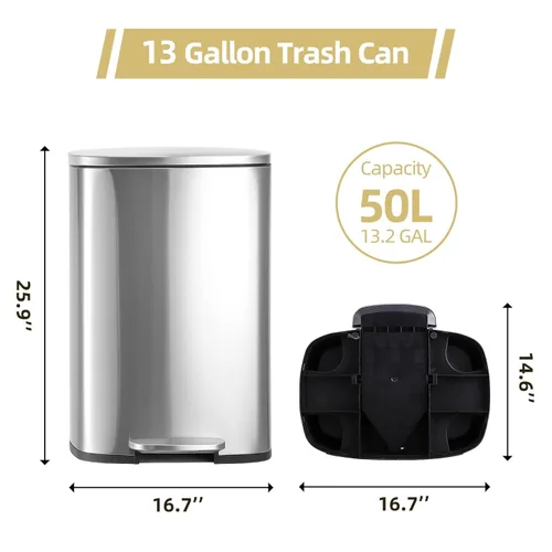Miniatura 4 de Fashionwu Bote de basura rectangular de acero inoxidable de 50L/13 galones con pedal de pie, tapa de cierre suave plateado
