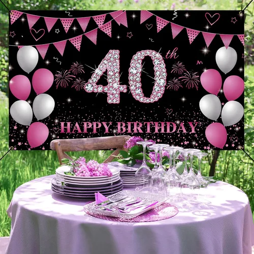 Miniatura 4 de Cartel de fondo de 40 cumpleaños rosa intenso, decoraciones de feliz cumpleaños 40 para mujeres, fiesta de cumpleaños de 40 años, accesorios