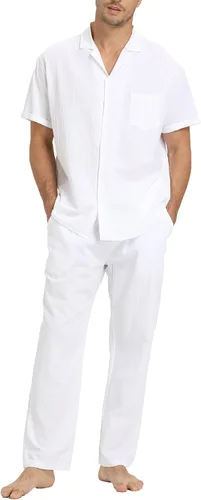 RPOVIG Conjunto de camisa de lino y pantalones: conjuntos de lino de 2 piezas para hombre, camisas de manga corta, pantalones de yoga, trajes de