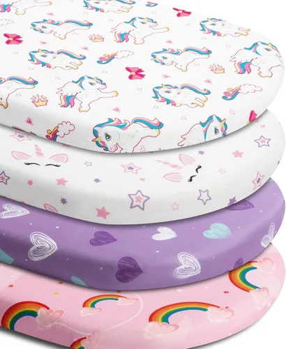 Miniatura 8 de Paquete de 4 sábanas suaves para bebé niña N Play para colchón de mini cuna, diseño de unicornio, arcoíris y corazón, lindo poliéster neutro unisex