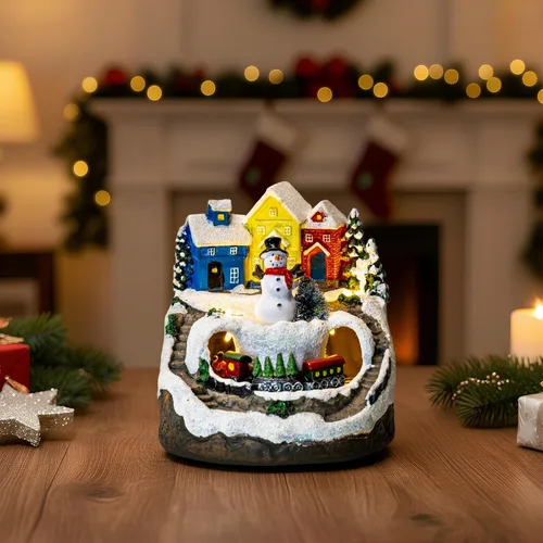 Miniatura 6 de ZQQLITE Casas de Pueblo Navideño de Muñeco de Nieve Musical Animado con Tren Giratorio, Figuras de Colección de Pueblo Navideño Iluminadas