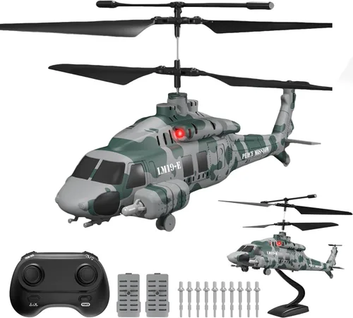 Helicóptero RC, LM19-E Helicóptero de control remoto de 2.4 GHz con 10 misiles lanzables, luz LED, retención de altitud, despegue con una tecla,