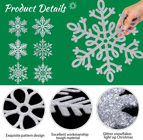 Miniatura 3 de Sratte Paquete de 24 adornos de copos de nieve grandes con purpurina de 12 pulgadas, decoración gigante de plástico para colgar en invierno, Plata