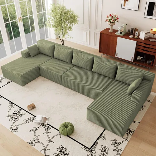 Miniatura 54 de Sofá modular Cloud de 95 pulgadas con otomana, moderno sofá nube en forma de U con asiento profundo, cómodo sofá de pana de 3 plazas, sofá de espuma
