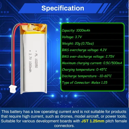 Miniatura 3 de Batería de polímero de litio 3.7V 1000mAh 102050 Lipo Batería recargable con cable Molex 0.049 in Conector para altavoz, rastreador GPS, dispositivo