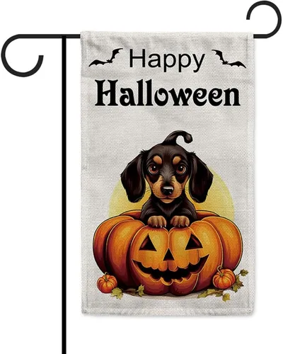 Miniatura 26 de Bandera de jardín de bulldog de Halloween de 12.5 x 18 pulgadas, vertical, doble cara, calabaza de Feliz Halloween, linda cachorro, decoración