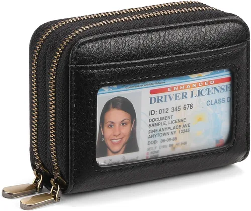 Miniatura 6 de SENDEFN Tarjetero de cuero para tarjetas de crédito, cartera pequeña para mujer, bloqueo RFID, doble cremallera con ventana de identificación