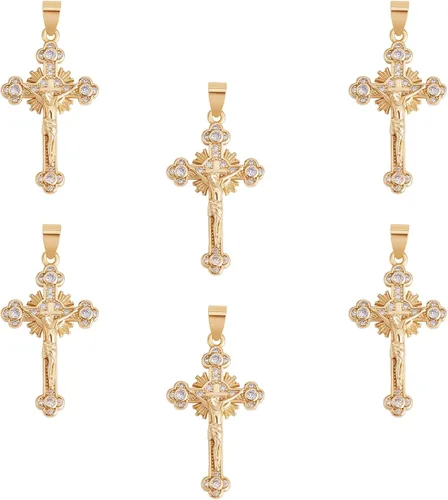 6 dijes de cruz de crucifijo de latón con circonita cúbica, chapado en oro real de 18 quilates, para joyería, collares, pulseras y manualidades