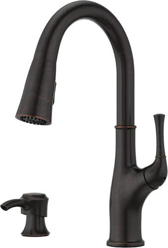 Miniatura 15 de Pfister Alderwood - Grifo de cocina con rociador extraíble y dispensador de jabón, de una sola manija, certificado NSF, acabado en oro cepillado