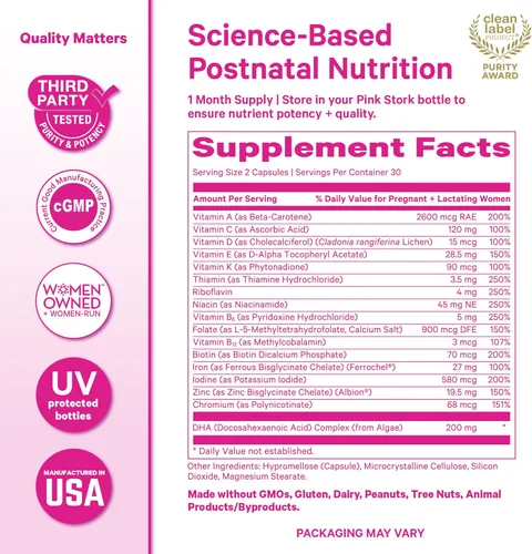 Miniatura 6 de Pink Stork - Postnatal total+ DHA: Vitaminas de apoyo para el posparto y lactancia, nutrientes para la mamá y el bebé, vitaminas prenatales