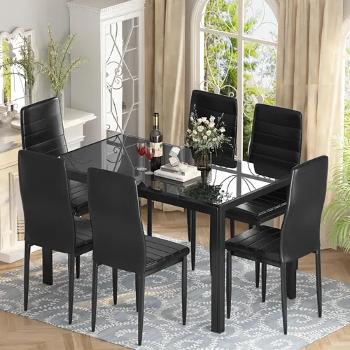 Miniatura 2 de Hooseng Juego de mesa de comedor para 6, mesa de cocina de vidrio templado con 6 sillas de piel sintética, juegos de comedor de 7 piezas
