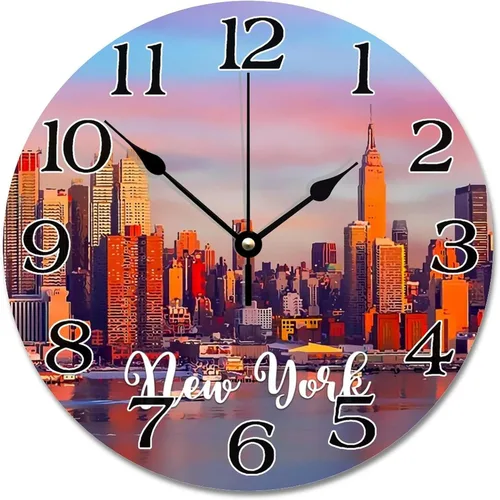 Miniatura 12 de Reloj de pared con paisaje urbano de Nueva York, Estados Unidos, reloj de pared grande de viaje, funciona con pilas, 9 pulgadas, silencioso