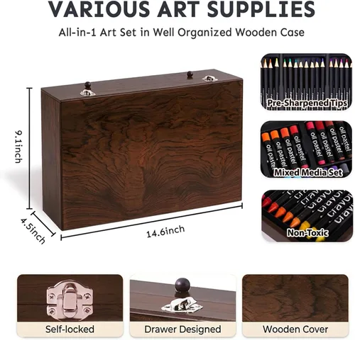 Miniatura 7 de Juego de 175 piezas de arte de madera de lujo con 2 almohadillas de dibujo, pinturas acrílicas, lápices de colores, lápices de colores, pincel, kit