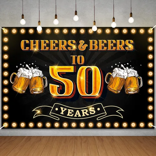 Cartel de "Cheers and Beers to 50 Years", fondo de feliz cumpleaños 50 para hombres y mujeres, fotografía, cumpleaños, aniversario, fiesta,