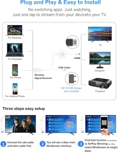 Miniatura 3 de AT-Mizhi Adaptador inalámbrico HDMI Display Dongle 4K 1080P - Pantalla de TV que refleja la fundición de i-Phone/Pad/Laptop a TV/Proyector/Monitor