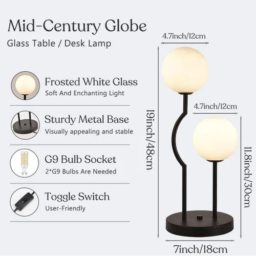 Miniatura 3 de Lámpara de mesa de globo negro de mediados de siglo industrial retro con 2 luces orbiculares de escritorio con globo de vidrio blanco para mesita