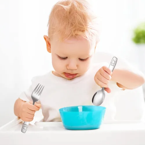 Miniatura 5 de Juego de cubiertos de 16 piezas para niños pequeños, tenedores y cucharas de acero inoxidable para niños, juego de cubiertos de metal seguro