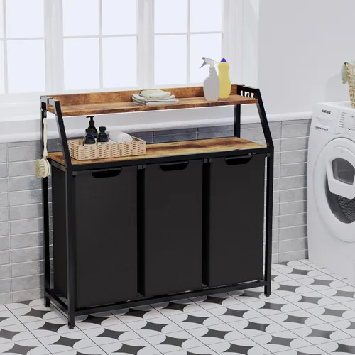 Miniatura 4 de Timberer Cesta de lavandería, clasificador de ropa de 3 secciones, cesta de lavandería rodante con ruedas, 2 estantes, 3 × 54.5 L, bolsas extraíbles