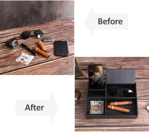 Miniatura 5 de BEWISHOME Bandeja organizadora de aparador para hombre organizador de mesita de noche para accesorios de joyería fibra de carbono piel sintética