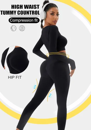 Miniatura 2 de FINETOO Conjunto de 4 piezas de entrenamiento para mujer, acanalado, sin costuras, manga larga, camiseta deportiva, sin mangas, cintura alta