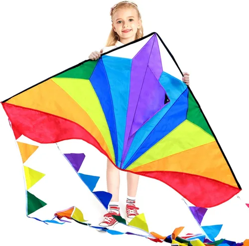 Miniatura 12 de HONBO Cometa Delta grande para niños y adultos, extremadamente fácil de volar para viajes a la playa, línea de cuerda incluida, con cola colorida
