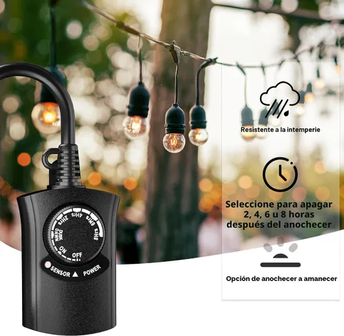 Miniatura 3 de HBN Temporizador de luz exterior impermeable, resistente a la intemperie, sensor de luz de atardecer a amanecer, temporizador de cuenta regresiva