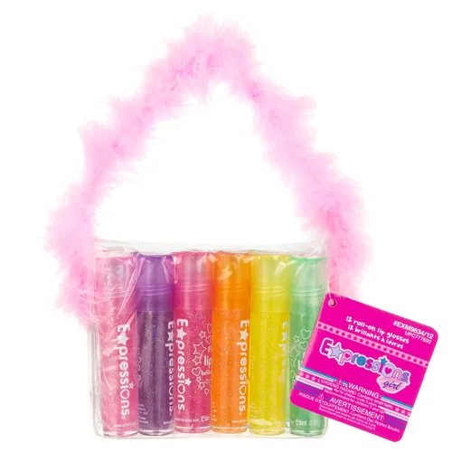 Miniatura 8 de EXPRESSIONS Juego de brillo labial enrollable de 12 piezas con mango de marabú y estuche de transporte, sabores afrutados surtidos, maquillaje
